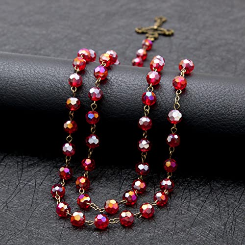 KOMI Rosary Beads Catholic for Women Gemstone Rosary Beads Necklace with Crucifix Cross Crystal Pearl Rosary Rosarios Catolicos Catholic Gifts - style: 8mm Red Crystal Beads