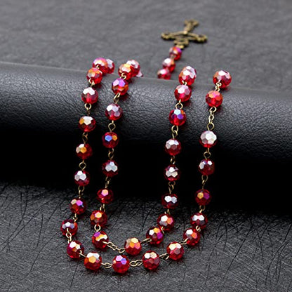 KOMI Rosary Beads Catholic for Women Gemstone Rosary Beads Necklace with Crucifix Cross Crystal Pearl Rosary Rosarios Catolicos Catholic Gifts - style: 8mm Red Crystal Beads