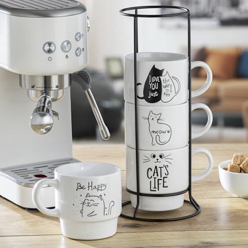 Signature Housewares Stackable Coffee Mug Tower Set with Metal Wire Rack - 15 Ounce Coffee Mugs for Coffee, Tea, Cocoa, Milk, Cappuccino, Hot Chocolate Set of 4 - Cat's Life - color: Cat's Life, size: 15oz