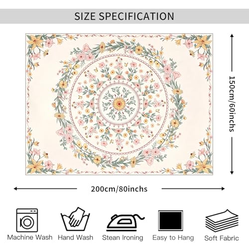 WIUHIO Bohemian Mandala Flower Tapestry Beige Pink Floral Aesthetic Wall Hanging Trendy Wildflower Medallion Print For Girly Apartment Wall Decor 60 x 80 inches - color: Beige, size: 80"L x 60"W
