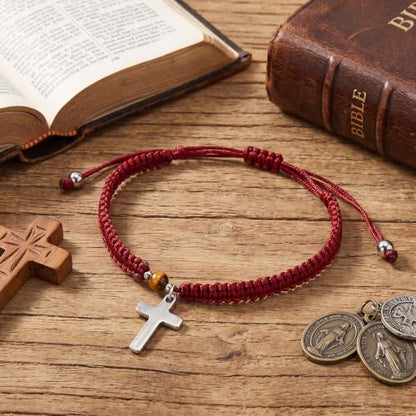 Christian Gifts for Women Men,Adjustable Religious Cross Brided String Faith Bracelet,Minimalism Catholic Baptism Accessories Jewelry Gifts Friendship - color: Red