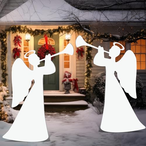 Barydat 2 Pcs 35'' Christmas Angels Outdoor Decoration Large Trumpeting Angel Nativity Scene Yard Sign Religious PVC Waterproof Decor with Stake for Yard Garden Lawn Christmas Home Patio Outdoor