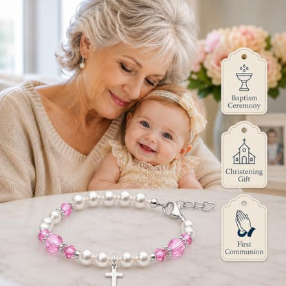 Baptism Bracelets | Cross Charm | Baby Pink Crystal & White Pearl Bracelet - style: Sterling Silver Initial Charm