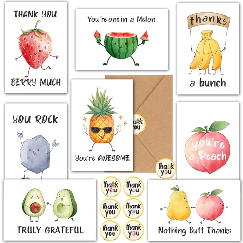 32 Funny Thank You Cards wtih Envelopes & Stickers, Fun Greeting Note Cards