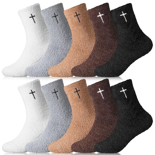Cutecrop 5 Pairs Christian Gifts Socks Cross Print Fuzzy Socks Jesus Gifts Religious Fluffy Cozy Slipper Sock for Women Men - color: Dark Color