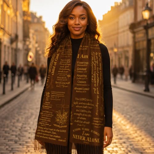 The Virgin Mary Bible Verse Shawls for Women, Catholic Christian Blanket Scarf Gifts or Mom Teacher Christmas - color: Brown Gold