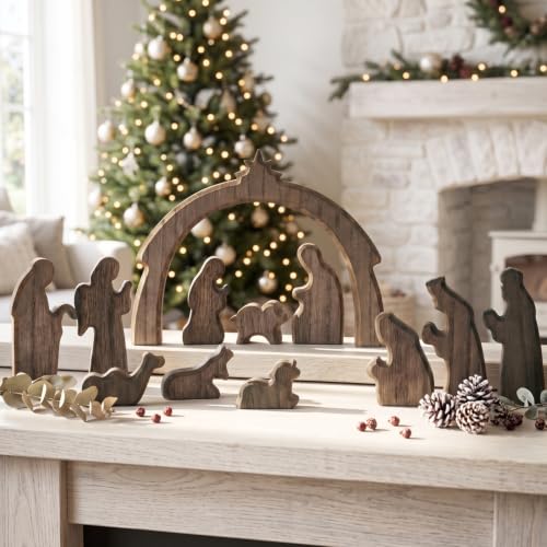 FESTGLOX Christmas Nativity Set Indoor, 12Pcs Wooden Nativity Scene Set - color: Nativity-12 Pieces