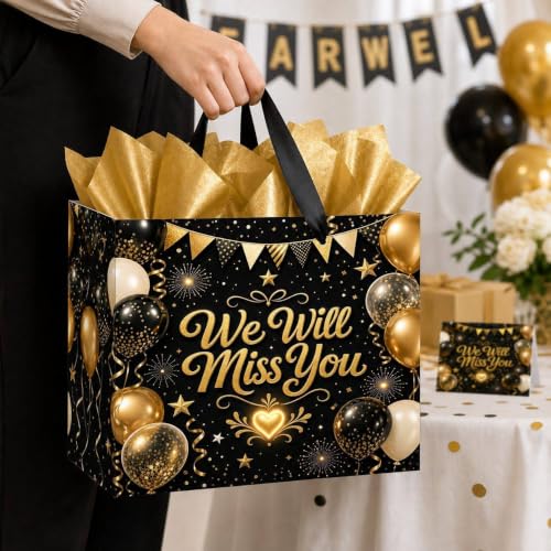 Farewell Gift Bag with Tissue Paper and Card, Black Gold Large Bag