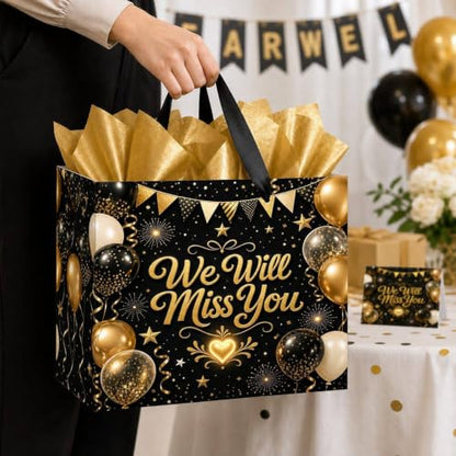 Farewell Gift Bag with Tissue Paper and Card, Black Gold Large Bag