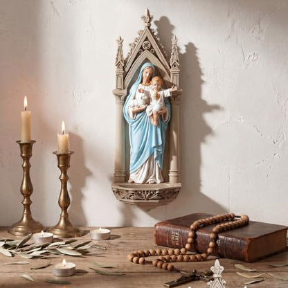 Yerliker Mary Statue and Child Holy Water Font Wall Plaque Renaissance Collection, 7.87" h, Resin Religious Gift, Inspirational Home Decor