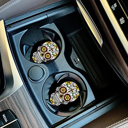 Sugar Skull Small 2.56" Absorbent Auto Coasters 2 Pack - Ceramic, Absorbs Spills, Keeps Cupholders Clean - color: Black Yellow White