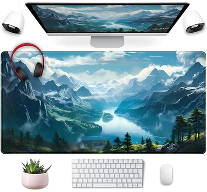 Aesthetic Mountain Vista Desk Mat, Blue Natural Wonder XXL Large Extended Gaming Mouse Pad Mat Non-Slip Mousepad, Computer Keyboard and Mouse Mat, Desk Pad with Stitched Edges, 31.5x15.75 in - color: Blue Mountain Vista