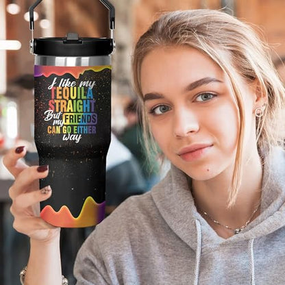 Rainbow Pride Flag Tumbler, Retro Be You Travel Mug, Gay Pride Cups Lesbian Gifts for Women Men, 30 Oz Stainless Steel Tumbler With Handle & Straw, LGBTQ Awareness Month Gifts - color: LGBTQ Awareness Tumbler-1