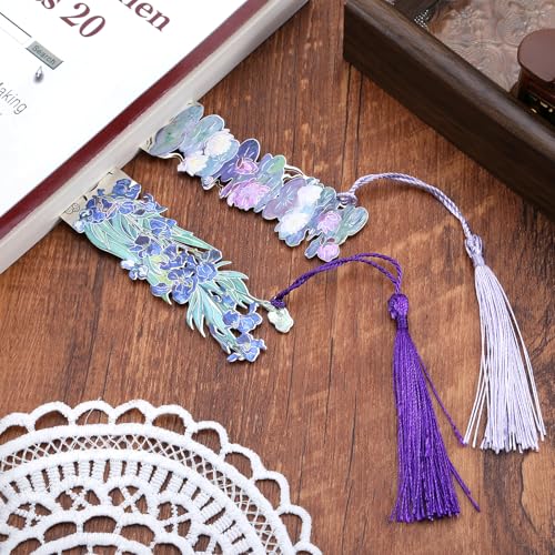 2 Metal Bookmarks with Tassel, Oil Painting Water Lilies and Irises - style: 《Water Lilies》 and 《Irises》