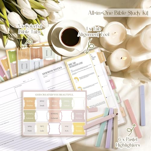 Lanpn Bible Study Journals for Women with Tabs & Highlighters, Church Notes Taking Daily Devotional Journaling, Linen Bible Prayer Guide Notebook Christian Religious Faith Based Gifts, Beige - color: Beige