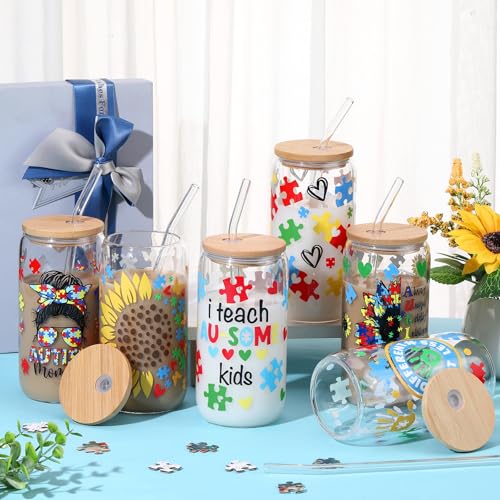 SiliFine Autism Teacher Appreciation Gifts, 6 Pcs Glass Cups with Lids - style: Autism