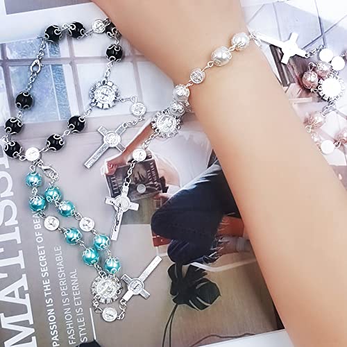 4 Pcs Rosary Beads Catholic, FineGood Cross Car Mirror Hanging Accessories Blessing Auto Rear View Mirror Pendant Car Decor Interior