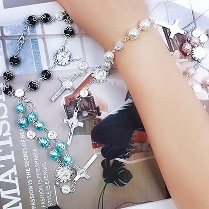 4 Pcs Rosary Beads Catholic, FineGood Cross Car Mirror Hanging Accessories Blessing Auto Rear View Mirror Pendant Car Decor Interior