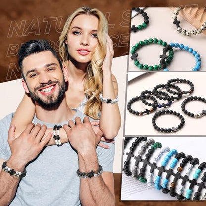 Huquary 24 Pcs Cross Beaded Bracelets, 8mm Christian Stone - color: Classic