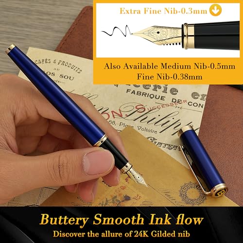 BEILUNER Blue Fountain Pen,Stunning Luxury Pens with 24K Gold Accents, Gorgeous 24K Gilded Nib(Extra Fine), Fancy Pen Gift for Men&Women -Ink Converter-Elegant, Reliable,Graduation Presents, Nice Pen - color: Blue&Gold, style: Extra Fine Nib