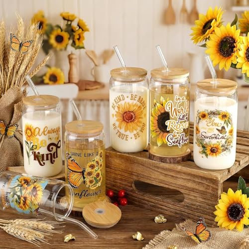 Glass Cups with Lids and Straws, 6Pack, 16oz, Sunflower Christian - style: Sunflower