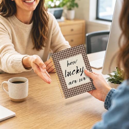 Positive Affirmation Spiral Notebook Journal for Women Girls, Trendy Retro Inspirational How Lucky are We Retro Brown Gingham Hardcover Spiral Journal 5.5x8.3 Inch - color: How Lucky Are We
