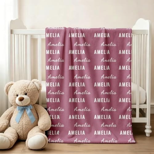 Ships Next Day, Personalized Baby Blanket with Name - Custom Newborn Hospital Swaddle Blanket, Super Soft Plush Flannel Baby Gift for Birth Announcement Shower Easter Gifts for Toddler Kids - color: Raspberry