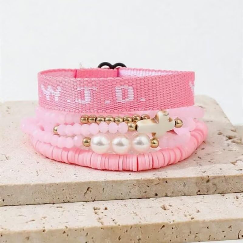 WWJD Bracelets Set WWJD Wristbands Christian Cross Bracelet Stackable Clay Bead Bracelets Stretch Glass Beaded Inspirational Christian Jewelry Gift for Couples Women Men - color: 5 Pcs Pink