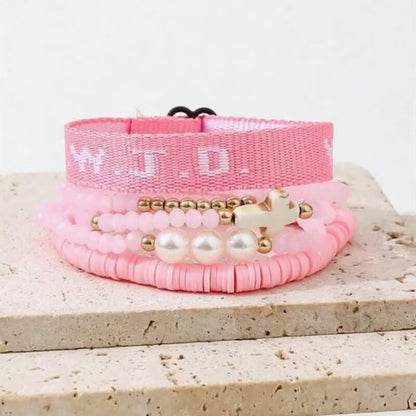 WWJD Bracelets Set WWJD Wristbands Christian Cross Bracelet Stackable Clay Bead Bracelets Stretch Glass Beaded Inspirational Christian Jewelry Gift for Couples Women Men - color: 5 Pcs Pink