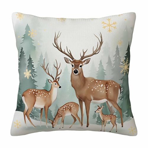 Christmas Forest Animal Throw Pillow Cover,Winter Deer Family with Snowflakes Decorative Pillow Case,Rustic Holiday Wildlife Cotton Linen Cushion Case for Home Decor 18 * 18 Inch - color: Settype02