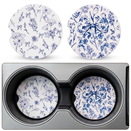 Car Coasters for Cup Holders - 2 Pack Vintage Blue Flower Cup Holder Coasters for Car with Finger Notch, 2.56 Inch Bow Cars Ceramic Interior Accessories with Cork Base for Women Men - color: Vintage Flower
