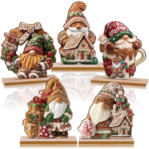 RattanView 5 Pcs Gingerbread Christmas Table Decorations Wooden Ginger Bread Gnome Decor Christmas Table Centerpiece Ginger Bread Village Decorations Xmas Gnome Tiered Tray Decor with Base for Home - style: Gingerbread Gnome