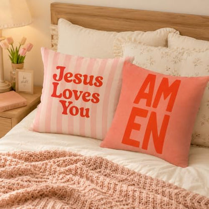 Inspirational Christian Pillow Cover 18x18, Christian Gifts for Women, Jesus Loves You Colorful Bible Verse Religious Pillow Pillowcase for Home Bedroom Living Room Bed Church, Set of 4 - color: Red