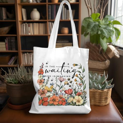 VICBOU Bible Verse Canvas Tote Bag Religious Christian Gifts for Women Men Faith Canvas Tote Reusable Grocery Bag - color: Waitinggod