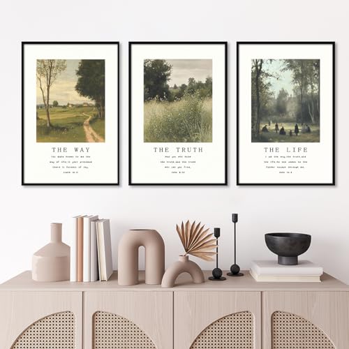 Christian Canvas Wall Art, Religious Scripture The Way The Truth The Life Poster, Set of 3 Bible Verses Print, Biblical Landscape Picture, Modern Spiritual Painting for Prayer 12x16in Framed - color: Set 2-Framed, size: 12L" x 16W"