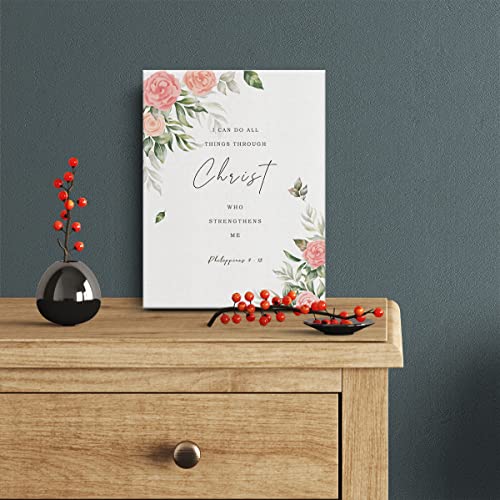 Bible Verse Canvas Print Decor I Can Do All Things Through Christ Who Strengthens Me Philippians 4:13 Wall Painting Posters Artwork 12”X15”Watercolor Home Office Decoration (Framed) - color: Do all things