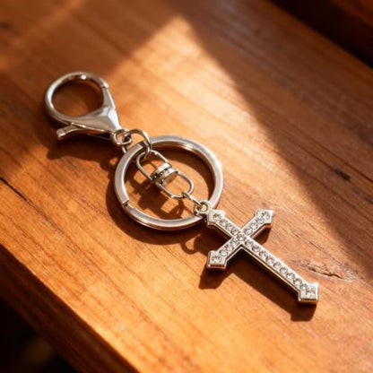 12 Pcs Christian Cross Keychains with Rhinestone-Religious Gifts - color: Silver