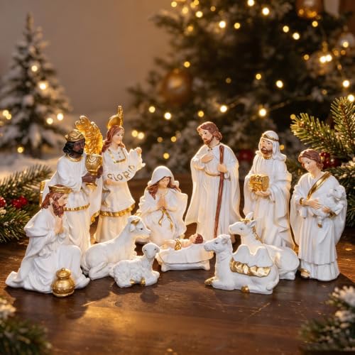 Nativity Set Figures12 Pcs Christmas Scene White Indoor Catholic Manger Set - color: White, size: 6 inches