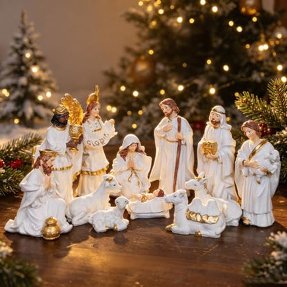 Nativity Set Figures12 Pcs Christmas Scene White Indoor Catholic Manger Set - color: White, size: 6 inches