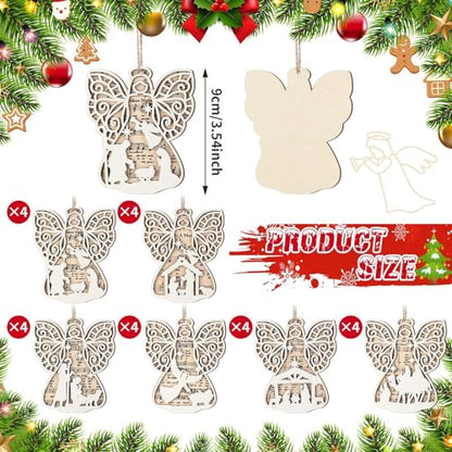 Shellwei 24 Pcs Christmas Wooden Nativity Ornaments Set Bulk Gift - style: Angel