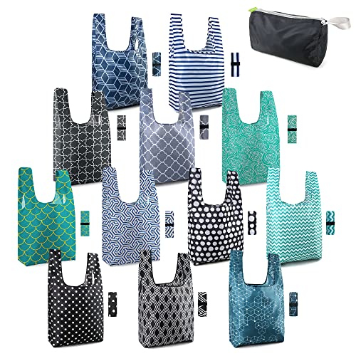BeeGreen Reusable Foldable Shopping Totes with Handles,12 Pack Heavy Duty Polyester Fabric Geometry Grocery Bags, Large Fashion Reusable Bags for Travel & Groceries, Washable Cloth Bag Bulk - color: Blue Black Navy Teal Green Gray-geometry