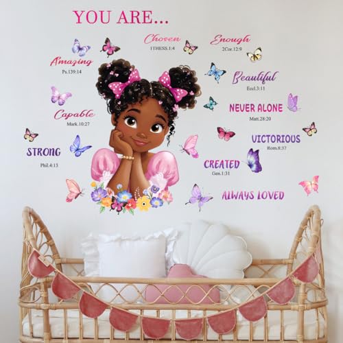 Black Girls Inspirational Wall Decals 44x35in - Pink Purple, Floral Butterfly Scripture Quotes, Peel and Stick Removable for Bedroom Nursery