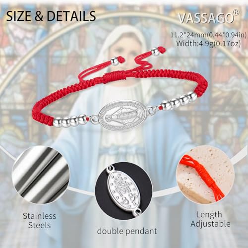 VASSAGO Virgin Mary Bracelet for Women Men Double-Sided Virgen de Guadalupe Rosary Bracelet Medal Handmade Braided Rope Catholic Christian Religious Jewelry Gift - color: silver-red string