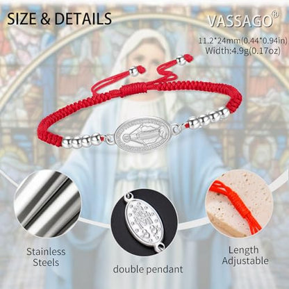 VASSAGO Virgin Mary Bracelet for Women Men Double-Sided Virgen de Guadalupe Rosary Bracelet Medal Handmade Braided Rope Catholic Christian Religious Jewelry Gift - color: silver-red string