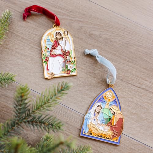 The Good Shepherd Enamel Christmas Ornament – Jesus with Lamb Design, Gold-Trimmed Stained-Glass Style, Red Velvet Hanging Ribbon, Christian Holiday Décor & Gift