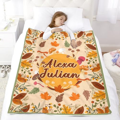 Custom Fall Blanket Autumn with Name Soft Cozy Harvest Blanket for Boys Girls Kids Adults Personalized Text Leaves Mushroom Yellow Halloween Christmas Birthday Gifts - color: Autumu-04