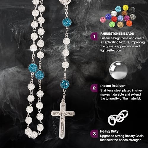 Nazareth Store Rhinestones Crystal Beads Rosary, Catholic Rosary Necklace with Silver Miraculous Medal INRI Crucifix, Multicolor Rosaries in a Gift Case - color: White with Blue Beads