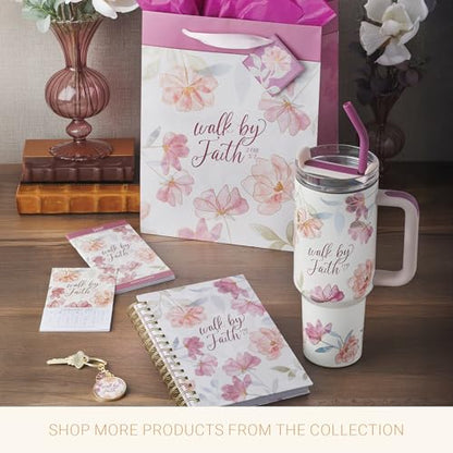 Christian Art Gifts Inspirational Scripture Ceramic Coffee & Tea Mug for Women: Walk by Faith Encouraging Bible Verse, Shiny Foil Accents, Sturdy Handle, White & Pink Multicolor Floral, 14 oz.