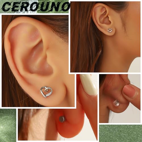 CEROUNO Flat Back Stud Earrings - 925 Sterling Silver Post Flatback Earrings Gold Silver Cubic Zirconia Earrings Studs for Women - color: Silver Heart