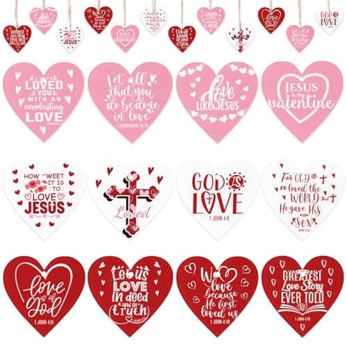 AceOrbit 60 Pcs Acrylic Christian Valentine's Day Tree Ornaments, Double Sided Print, Heart & Cross Hanging Designs with Ropes Faith Based Love Tokens for Couples, Church Gifts, Wedding Favors